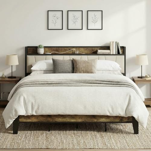 LIKIMIO King Bed Frame, Storage Headboard with Charging Station, Solid and Stable, Noise Free, No Box Spring Needed, Easy Assembly (Walnut and Beige) by LIKIMIO