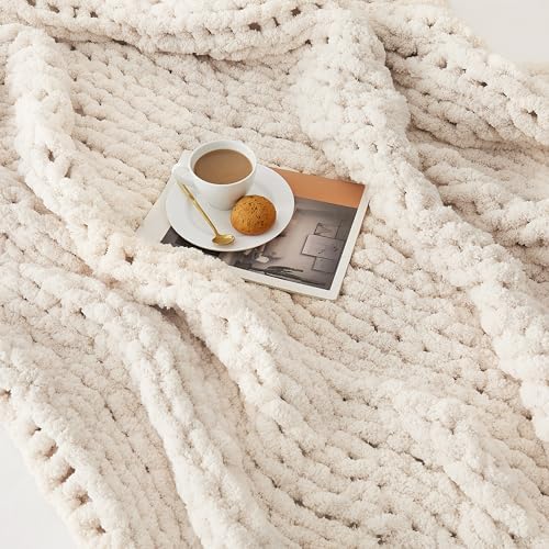 L'AGRATY Chunky Knit Throw Blanket for Couch, 80'' x 90'' Knit Throw, Ivory - Image 7
