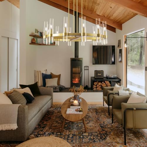 Knurldon12 Light Brass Round Chandelier 36" Wagon Wheel Chandeliers for Dining Room Light Fixture Clear Glass Tube Chandelier Modern Farmhouse Chandeliers for LivingRoom Foyer, Bulb Included - Image 6