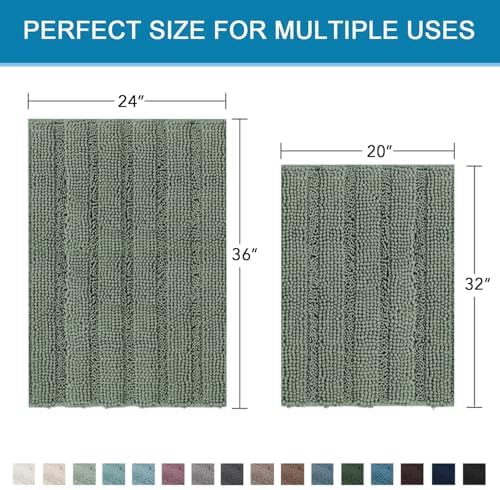 H.VERSAILTEX 2 Piece Bathroom Rugs Bath Mats Sets Super Absorbent Chenille Striped Bath Mats Non Skid Machine Wash Dry Rugs for Bathroom Floor (Green Bay, 24 x 36 Plus 20 x 32 - Inches) - Image 2
