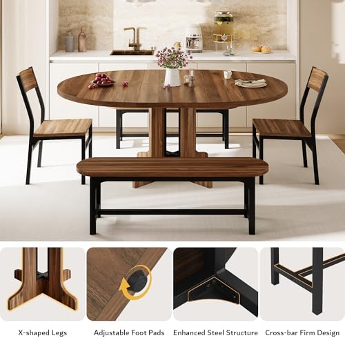 iPormis 5-Piece Round Dining Table Set for 4-6, 59" Extendable Dining Room Table Set with 2 Ergonomic Chairs & 2 Benches, Oval Modern Dinette Table with MDF Board and Metal Frame, Space-Saving, Walnut - Image 6