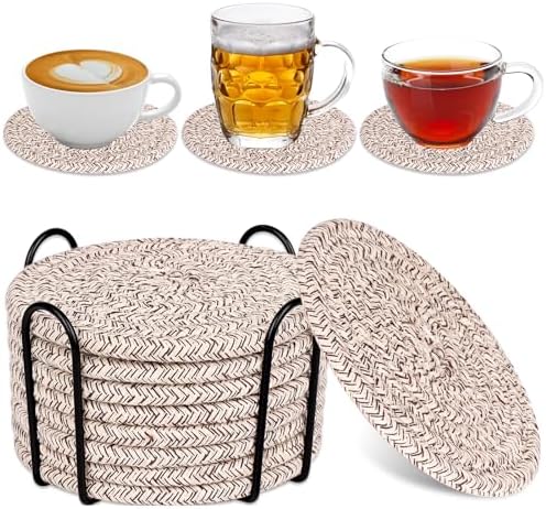 Mckanti 8 Pack Drink Coasters with Holder, Absorbent Coasters for Coffee Table, Minimalist Cotton Woven Coaster Set for Home Decor Tabletop Protection Suitable for Kinds of Cups, 4.3 Inches. by Mckanti