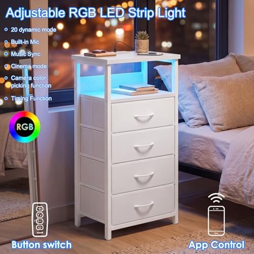 Fixwal Night Stand with Charging Station, White Led Nightstand, 4 Drawers - Image 4