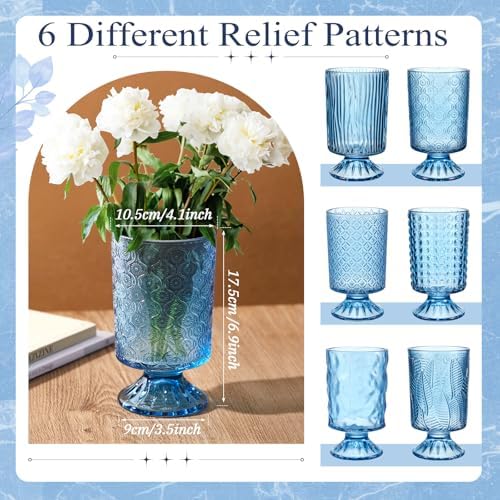 6 Pcs (H:7" W:4") Embossed Flower Vase Pedestal Glass Vase, Blue - Image 2