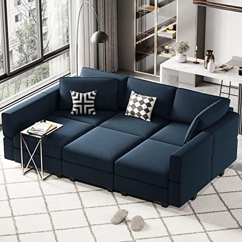 Belffin Modular Velvet Sectional Sofa with Chaise Lounge Sectional Sleeper Sofa with Storage Chaise Bed Couch for Living Room Blue by Belffin