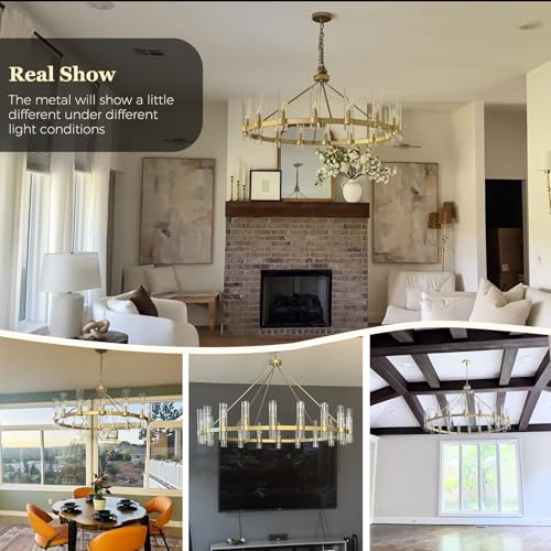 Gold Wagon Wheel Chandelier, 48 Inch Chandeliers with Glass Shade, 16 Light Chandelier for High Ceiling, Modern Farmhouse Chandeliers for Living Room, Dining Room, Entryway, Stairwell(Bulbs Included) - Image 5