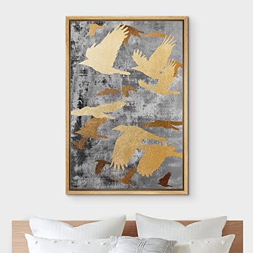 NWT Framed Canvas Print Wall Art Golden Birds Grunge Background Nature Wilderness Illustrations Modern Art Decorative Landscape Rustic Zen Colorful for Living Room, Bedroom, Office - 24"x36" Natural - Image 3