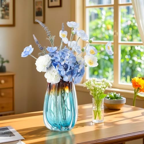 Hand Blown Glass Vase, 9.5" H Colorful Wide Mouth Ribbed - Image 5