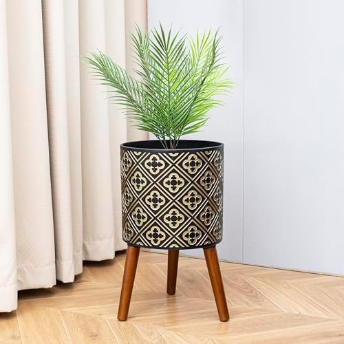 nacltlo12 Inch Plant with Stand Planter for Indoor Plants Large Modern Mid-Century Plant Pots Indoor Outdoor with Drainage for Home Garden Patio,Black and Gold - Image 5