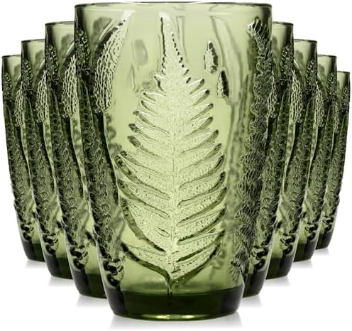Green Drinking Glasses Set of 8, 12 oz Glass Cups, Vintage Fern Glassware by QELVIO