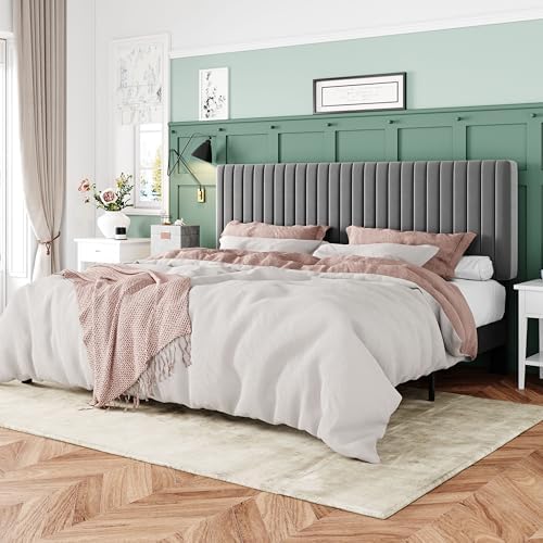 Allewie King Bed Frame, Velvet Upholstered Platform Bed with Adjustable Vertical Channel Tufted Headboard, Mattress Foundation with Strong Wooden Slats, Box Spring Optional, Easy Assembly, Grey by Allewie