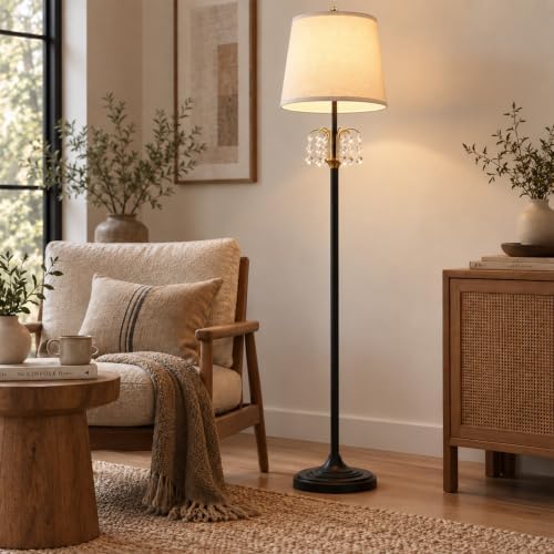 Hamilyeah Crystal Floor Lamp for Living Room, 64 Inch Tall Black and Gold Vintage Standing Lamp with Beige Linen Shade for Bedroom, Reading Nook, Office - Image 3