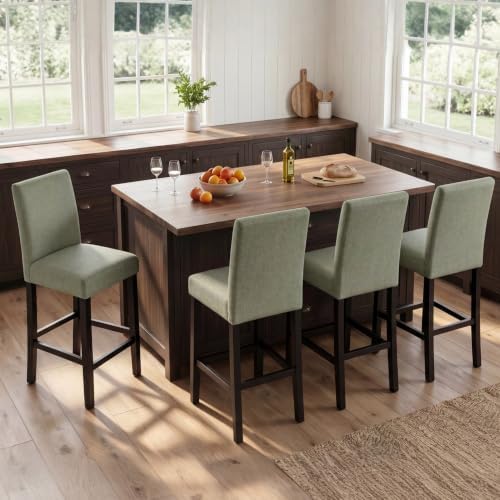 GOTMINSI 24 Inches Bar Stools, Modern Upholstered Counter Height Chairs, Solid Wood Legs Barstools with Back (Green, 4PCS) - Image 6