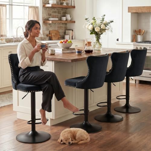 SoarFlash Velvet Bar Stool Set of 4, Adjustable Swivel Bar Stools with Black Metal Leg, Button Tufted, Footrest, Chrome Nailhead, Counter Height Chair for Kitchen, Bar, Dining Room (Black) - Image 4
