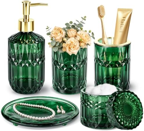 Haturi Dark Green Bathroom Accessories Set, Glass Bathroom Set, 5 Pcs by Haturi