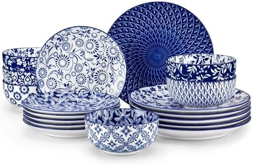 vancasso SELENE Plates and Bowls Set for 6, 18 Pieces Dinnerware Sets, Mircowave and Dishwasher Safe Dishes Set, Porcelain Blue Dinnerware by vancasso