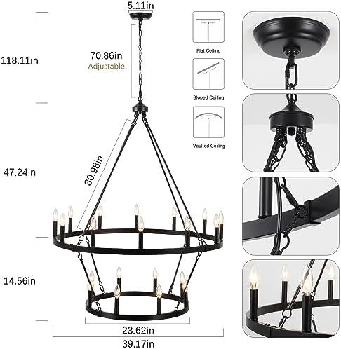 Black Wagon Wheel Chandelier 2 Tier 20-Lights 40 Inch Extra Large Farmhouse Light Fixture Rustic Lighting Round Chandeliers for Dining Room Kitchen Island Foyer Entryway - Image 3