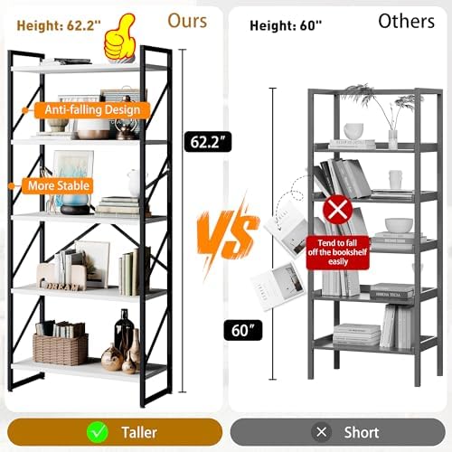 Shintenchi 5 Tiers Bookshelf, Classically Tall Bookcase Shelf,Industrial Book Rack,Modern Book Holder in Bedroom/Living Room/Office, Storage Rack Shelves for Books/Movies,11.8" Dx23.6 Wx62.2 H,White - Image 3