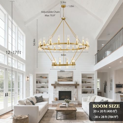 Gold Wagon Wheel Chandelier 2 Tier, 60 Inch Chandeliers with Glass Shade, 30-Light Large Chandelier for High Ceiling, Modern Farmhouse Chandeliers for Living Room, Dining Room, Entryway and Staircase - Image 2