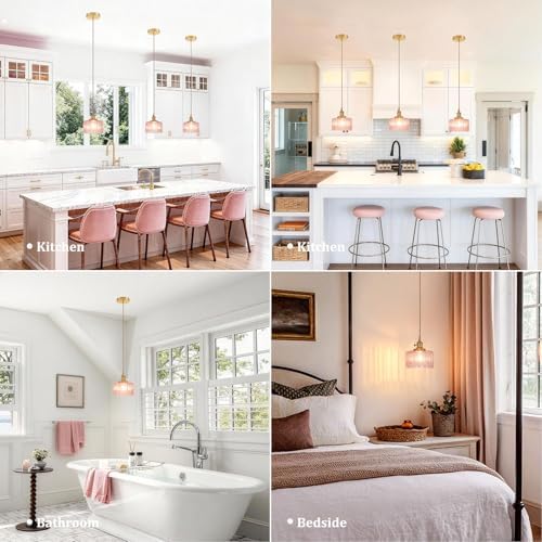 Shenmoyl Pendant Light with Pink Striped Glass Lmapshade, Brass Vintage Pendant Light Adjustable Hanging Light for Kitchen Island Dining Room Hallway - Image 4