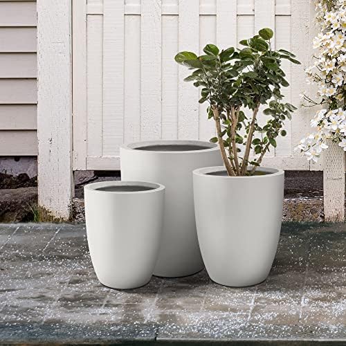 Kante 18.1",20.5",22.4" H Tall Round Concrete Planters Set of 3, Outdoor Indoor Modern Decorative Plant Pots with Drainage Hole & Rubber Plug for Home & Garden Pure White - Image 7