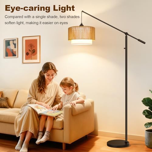 【Upgraded】Boho Dimmable Floor Lamps with Adjustable Swing Arm, 1100 Lumens Bulb Included, Modern Standing Lamp with Rattan & Fabric Shades, Farmhouse Tall Arc Floor Lamp for Living Room Bedroom, Black - Image 5