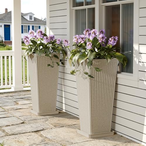 Square Tall Planters for Outdoor Plants with Tray - 24" Beige 2Pack - Image 6