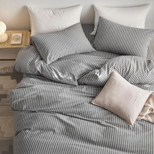 MooMee Striped Duvet Cover Set 100% Washed Cotton Linen Like Alaska King - Image 4