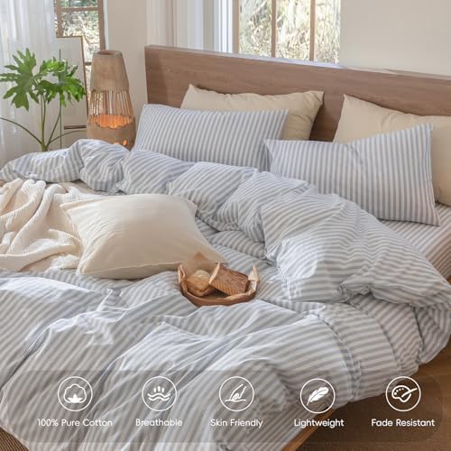 MooMee Striped Duvet Cover Set 100% Washed Cotton Linen Like - Image 4