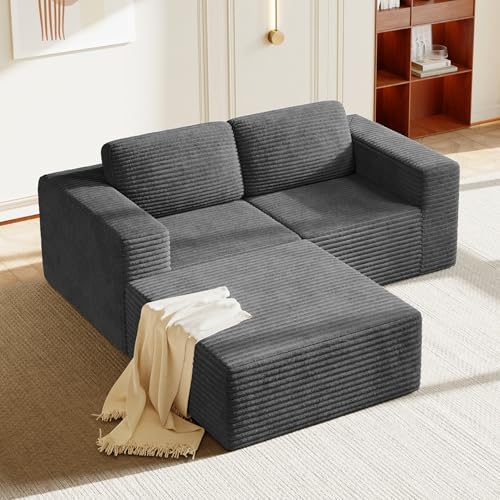 Vesgantti 80" Modular Sectional Sofa, Corduroy Cloud Couch with Deep Seats & Spring Support, Compact 2 Seater Boneless Couch, L-Shaped Modular Sofa for Small Spaces, Apartments, No Assembly, Grey by Vesgantti