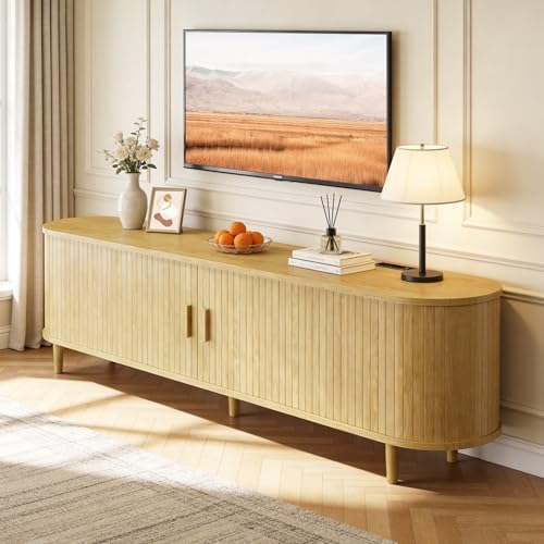 65" Mid Century Modern TV Stand with Power Outlet, Fluted Entertainment Center with Storage and Adjustable Shelves, Wood TV Console with Sliding Doors for Living Room, Oak by Unknown