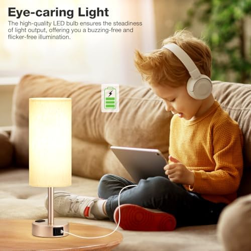 Antique White Bedside Table Lamp, Dimmable Touch Lamp, USB A+C, AC Outlet - Image 5
