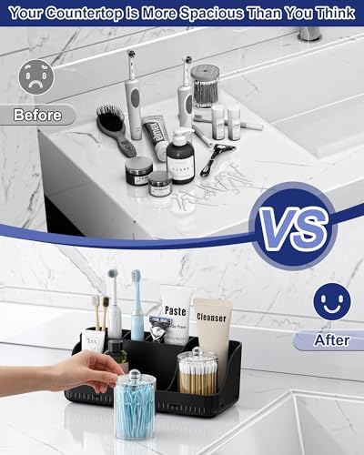 Bathroom Counter Organizer and Storage with 2 Pack Qtip Holder Dispenser, 7 Slots Detachable Toothbrush Holders for Bathrooms, Anti-Slip Electric Toothbrush and Toothpaste Holder Countertop - Image 5