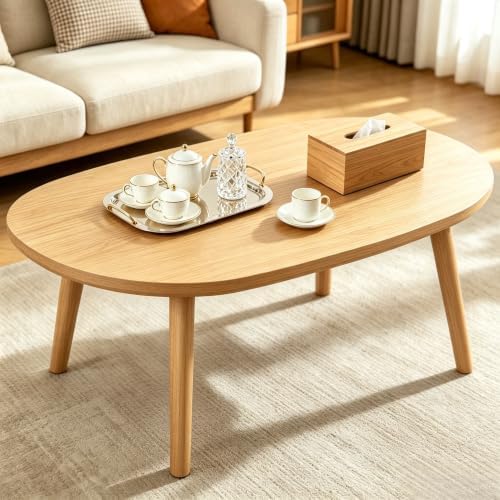 Coffee Table Low Table with Solid Wood Legs, 31.5x19.7" Large Coffee Table Side Table, Floor Table Desk for Sitting on The Floor, Living Room Furniture for Office Apartment Home, Oval Natural by FURMORENE
