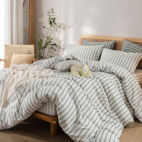 BESTOUCH Striped Cotton Duvet Cover Set Linen Feel California King - Image 5