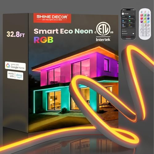 Shine Decor Smart LED RGB Neon Rope Lights AC 120V, ETL Expandable Color Changing Dimmable with Remote Compatible with Alexa, Google Assistant, Cold-Resistant & IP65 Waterproof, 8x16 mm, 32.8FT by ShineDecor