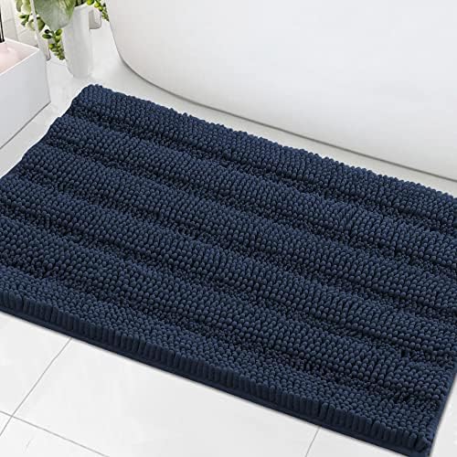 H.VERSAILTEX Bath Mats for Bathroom Non Slip Extra Thick Chenille Striped Bath Rug 24" x 36" Absorbent Non Skid Fluffy Soft Shaggy Rugs Washable Dry Fast Plush Mats for Indoor, Bath Room, Tub - Navy by HVERSAILTEX