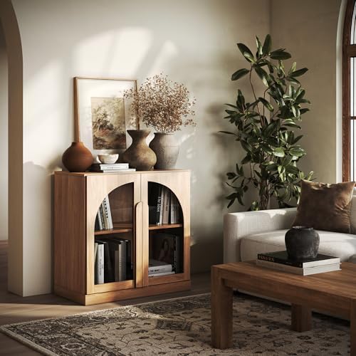 BELLEZE Bijou 31.5" Modular Sideboard Cabinet - Expandable Design with Arched Glass Doors - Use Solo or Combine for Buffet, Living Room Media Center & Entryway - 70lbs Capacity, Camel - Image 5