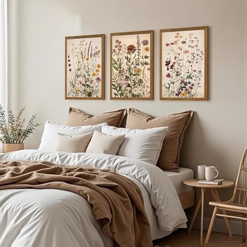 AVECCO 3 Piece Vintage Wildflower Botanical Framed Canvas Wall Art 20x30 in - Image 3