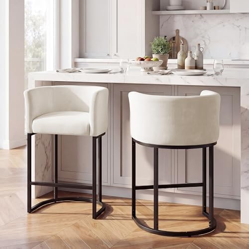 GRUSIGN Chenille Counter Height Bar Stools Set of 1, 26" Kitchen Island Stools with Arms & Footrest, Upholstered Barrel Back Bar Chairs for Kitchen， Dining Room, Bar & Lounge Area, Off-White by Unknown