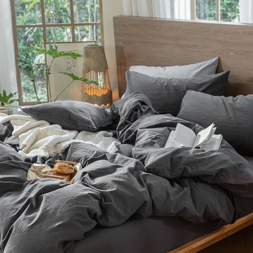 MooMee Wavy Striped Duvet Cover Set 100% Washed Cotton Linen Like Textured Breathable Durable Soft Comfy (Charocal Grey, Super King 108"x98") - Image 5