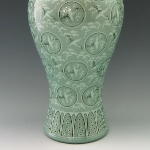 Korean Celadon Glaze Inlaid Clouds and Cranes Pattern Inlay Design Green Decorative Porcelain Ceramic Pottery Home Decor Accent Prunus Vase - Image 4