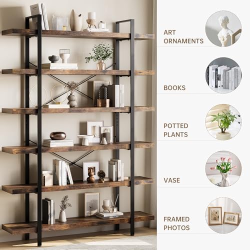 2PCS Heavy Duty 6 Tier Industrial Bookcase for Home Office, Rustic Brown - Image 3