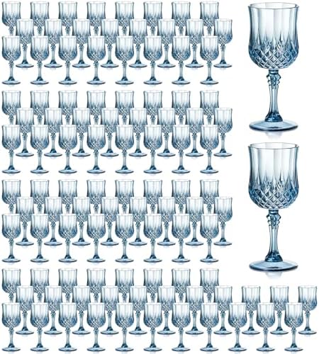 XUWAIDSGN 100Pcs Plastic Vintage Wine Glasses 7oz Reusable Embossed Goblet Glasses Pink Retro Wine Glassware Unbreakable Stemmed Champagne Water Cups for Wine Cocktail Juice Wedding (100, Blue) by XUWAIDSGN