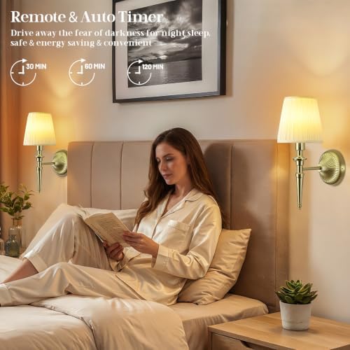 Battery Operated Wall Sconces Set of 2, Wireless Wall Lights with 12 RGB Colors and 3CCT Dimmable, Small Fabric LED Wall Lamps for Bedroom, Living Room, Hallway, Brass - Image 3
