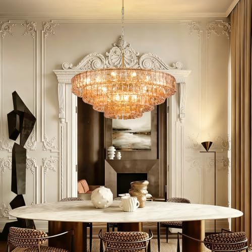 35in Large Chandelier Gold, Modern Dining Room Light Fixtures, 4 Layer Luxury Glass Chandelier 18 Light Chandeliers for Dining Room Kitchen Island Living Room (Amber Glass) - Image 5