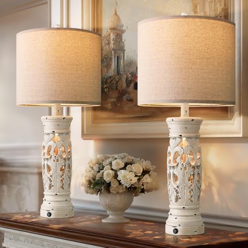 27.25" Farmhouse Lamp with Night Light, Rustic Table Lamps Set of 2, White by BOBOMOMO