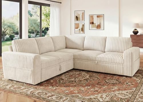 HONBAY Modular Sectional Sleeper Sofa with Pull Out Bed,Corduroy L Shaped Couch with Storage, Sectional Couches for Living Room,Beige - Image 6
