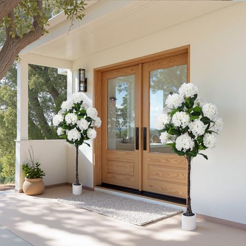 YEPDIN Set of 2 Artificial Hydrangea Tree 5 ft- Large Faux Hydrangea Plants Indoor Outdoor，Fake Flower Trees with White Tall Planter for Home Garden,Front Decor by Yepdin