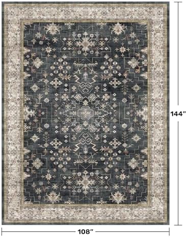 Black Boho Rug for Living Room 9x12 - Washable Dining Room Rugs for Under Table, Vintage Soft Low Pile Carpet for Bedroom, Non-Slip Farmhouse Bohemian Large Tumble Rug for High Traffic Area - Image 2